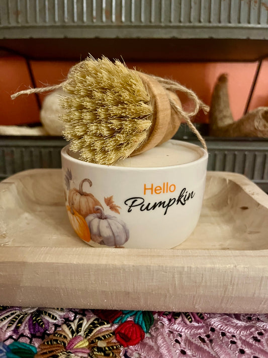 Hello pumpkin (white with pumpkins on) dish soap and brush combo