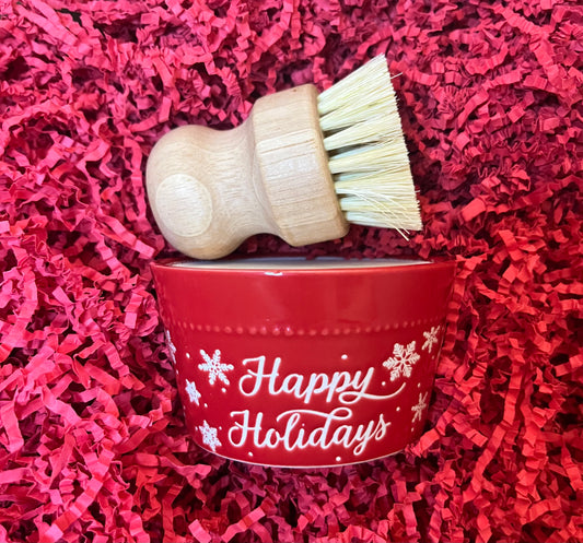 Christmas dish soap “Happy Holiday” jar. W/wood brush.