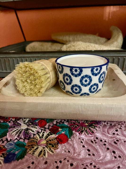 Blue and white vintage 4oz lemongrass Dish soap with Brush